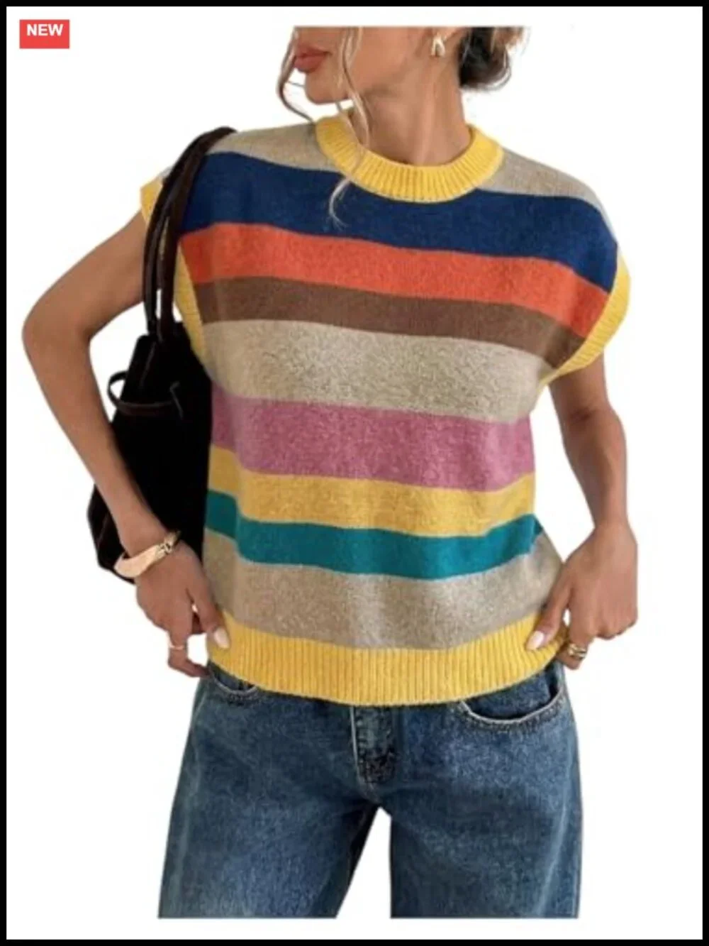 Striped Knit Pullover Sweater Vest Cap Sleeve Dolman Loose